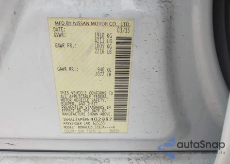 2015 Nissan Altima 2.5 S из США, поврежденный, VIN 1N4AL3AP8FN402987